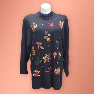 VTG Victoria Woman Black Long Sleeve Mock Neck Sweater Floral Embroidered Sz 2X